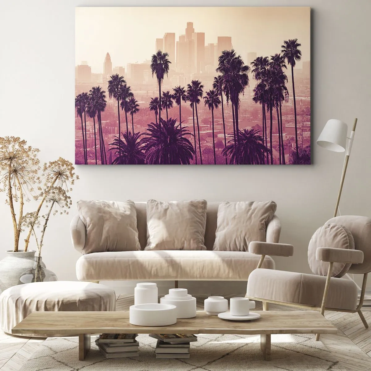 Obraz na plátne - Palmy na pozadí mestskej krajiny v teplých farbách - 70x50cm - Kalifornská krajinka - Moderná nástenná dekorácia do obývacej izby a spálne ARTTOR