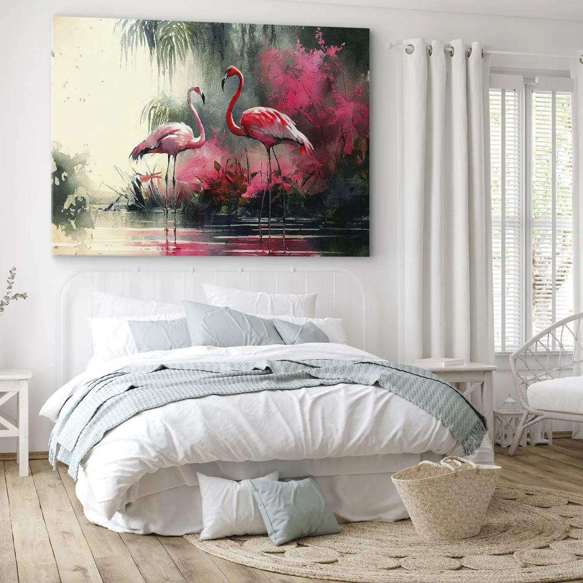 Obraz na plátne - Plameniaky pri vode obklopené vegetáciou - 70x50cm - Hodiny prírodného kúzla - Moderná nástenná dekorácia do obývacej izby a spálne ARTTOR