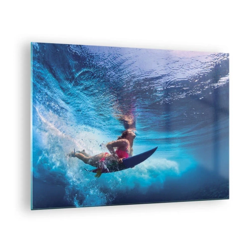 Obraz na skle - Podvodná scéna so surferom v dynamickej akcii - 70x50cm - Hĺbka radosti - Moderná nástenná dekorácia do obývacej izby a spálne ARTTOR