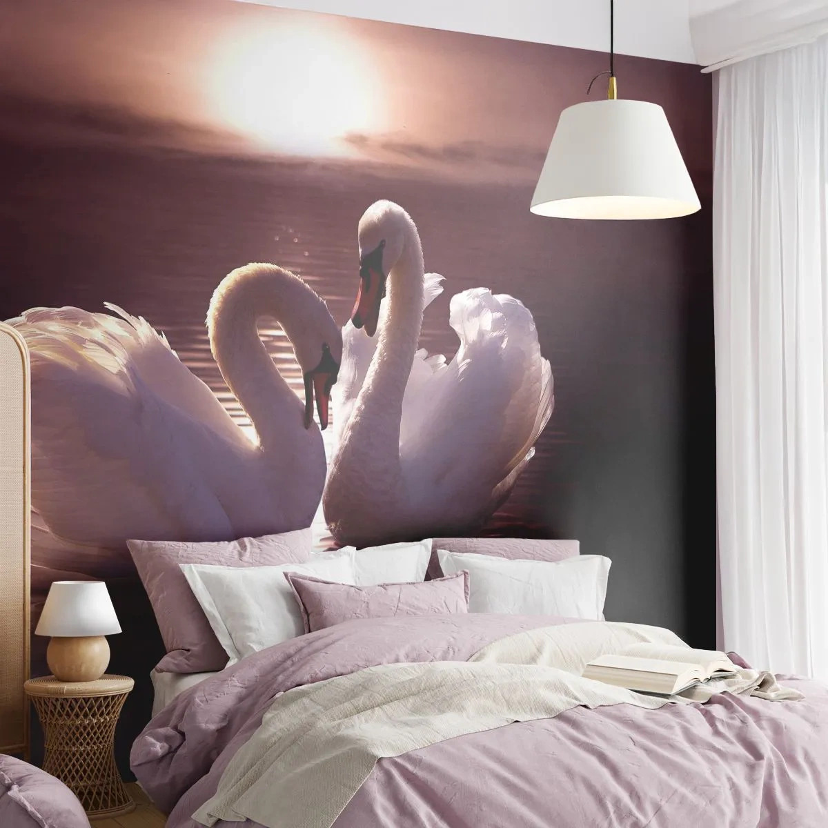 Fototapeta Standard Eco - Dve labute sa pri západe slnka odrážajú vo vode - 100x70cm - Kým nás smrť nerozdelí - Moderná nástenná dekorácia do obývacej izby a spálne ARTTOR