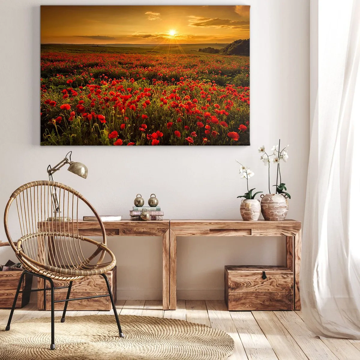 Obraz na plátne - Pole červených makov v žiari zapadajúceho slnka - 70x50cm - Medzi vlnami šumiacich lúk, medzi záplavou kvetov - Moderná nástenná dekorácia do obývacej izby a spálne ARTTOR