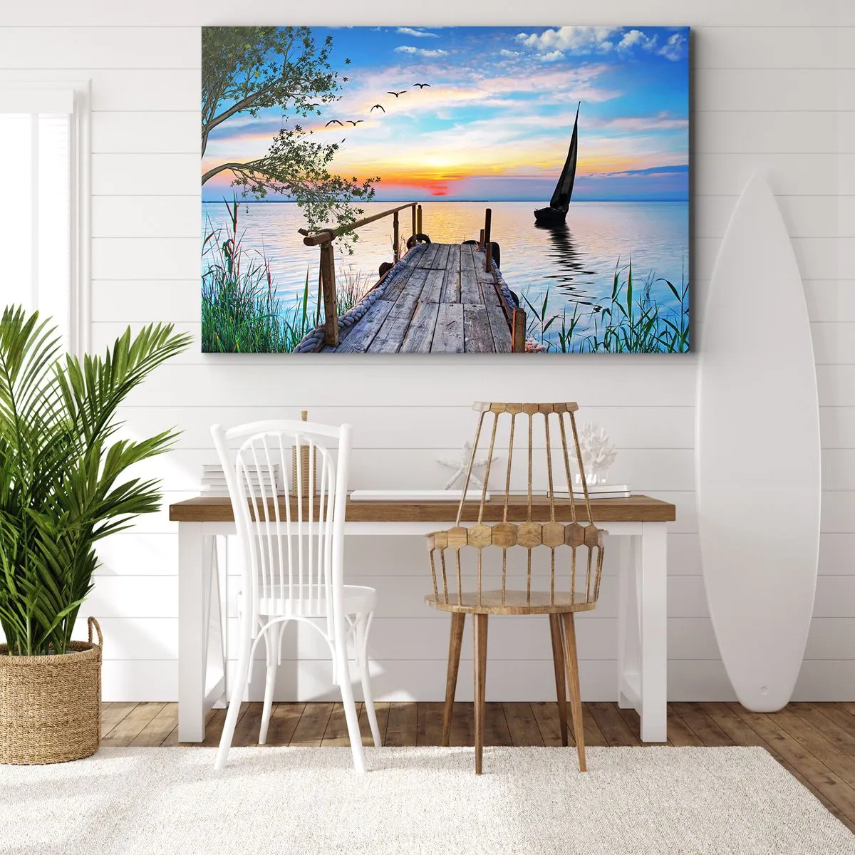 Obraz na plátne - Jazerné mólo s loďkou a západom slnka - 70x50cm - Dobrý večer - Moderná nástenná dekorácia do obývacej izby a spálne ARTTOR