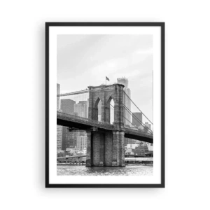 Plagát v čiernom ráme - Brooklynský most v monochromatickom štýle - 50x70cm - Newyorské zázraky - Moderná nástenná dekorácia do obývacej izby a spálne ARTTOR