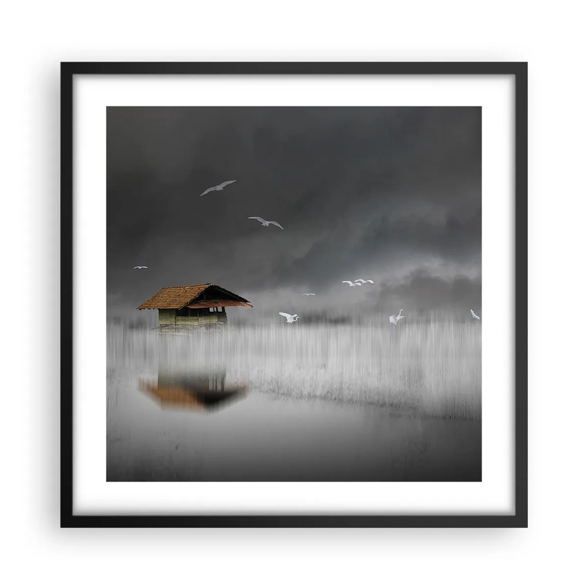 Plagát v čiernom ráme - Úkryt pred dažďom - 50x50 cm