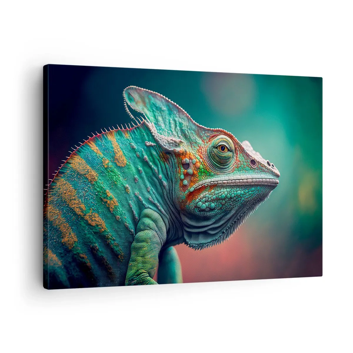 Obraz na plátne - Detailný záber chameleóna v intenzívnych farbách - 70x50cm - Vidíš ma? To nie je dobre… - Moderná nástenná dekorácia do obývacej izby a spálne ARTTOR