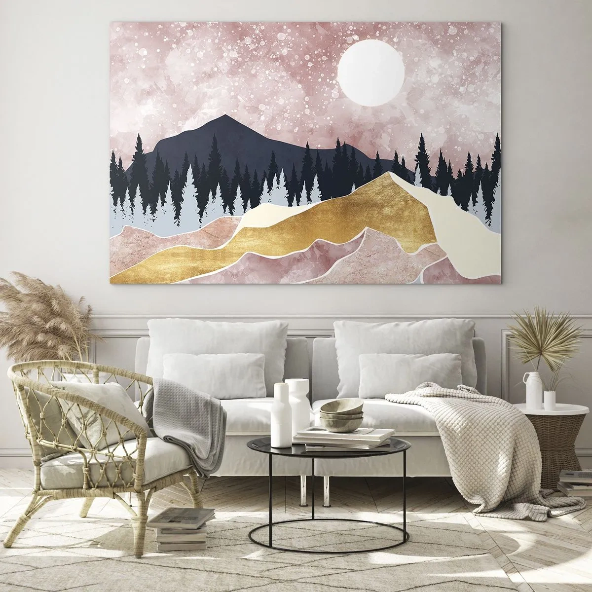 Obraz na skle - Hory a lesy v mesačnom svite proti ružovej oblohe - 70x50cm - Nočná hliadka - Moderná nástenná dekorácia do obývacej izby a spálne ARTTOR