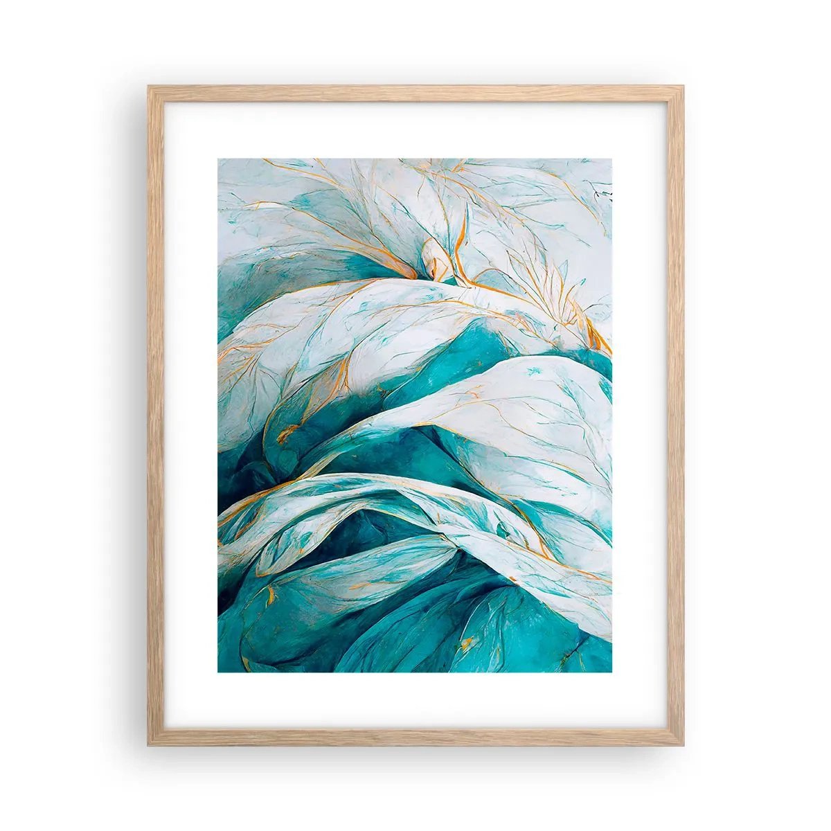 Plagát v ráme zo svetlého duba - Modrá abstrakcia so zlatým motívom - 40x50 cm