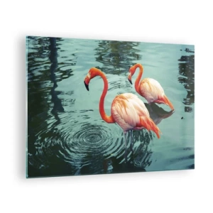 Obraz na skle - Plameniaky na vode v harmonickom zložení - 70x50cm - Teraz sme v móde - Moderná nástenná dekorácia do obývacej izby a spálne ARTTOR