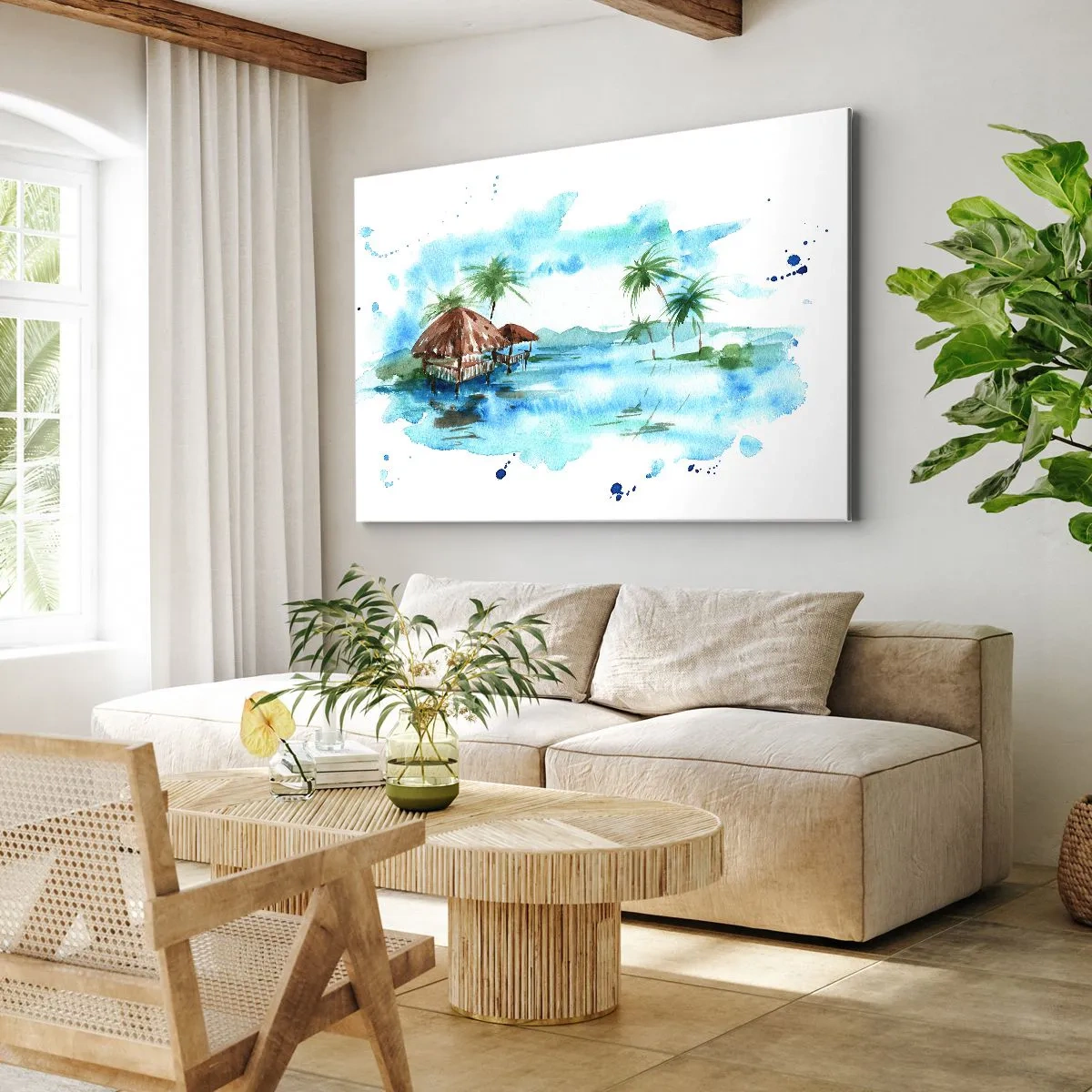 Obraz na plátne - Akvarelová maľba tropickej krajiny s domami a palmami - 70x50cm - Niekde v Pacifiku - Moderná nástenná dekorácia do obývacej izby a spálne ARTTOR
