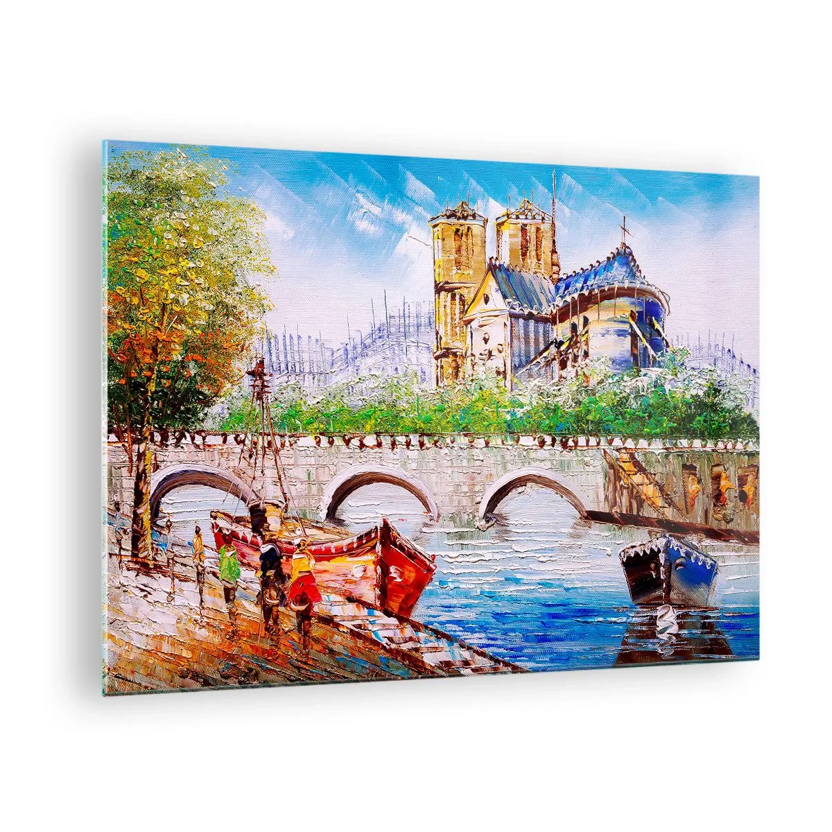 Obraz na skle - Most a lode na pozadí historickej katedrály - 70x50cm - Ich čas nikdy neskončí - Moderná nástenná dekorácia do obývacej izby a spálne ARTTOR