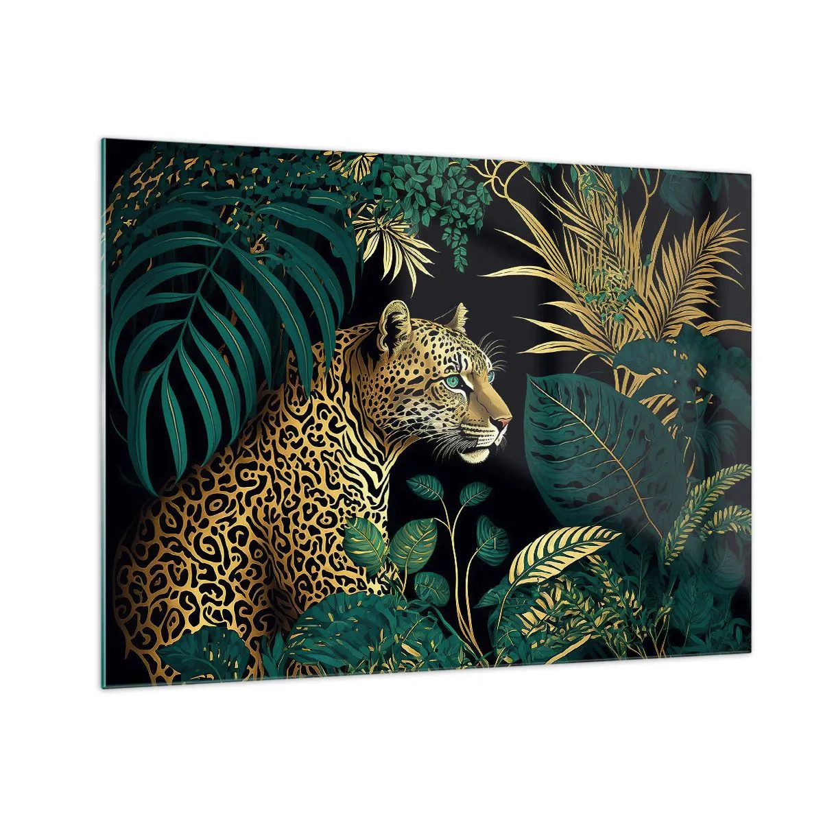 Obraz na skle - Leopard medzi tropickými listami na tmavom pozadí - 70x50cm - Hospodár v džungli - Moderná nástenná dekorácia do obývacej izby a spálne ARTTOR
