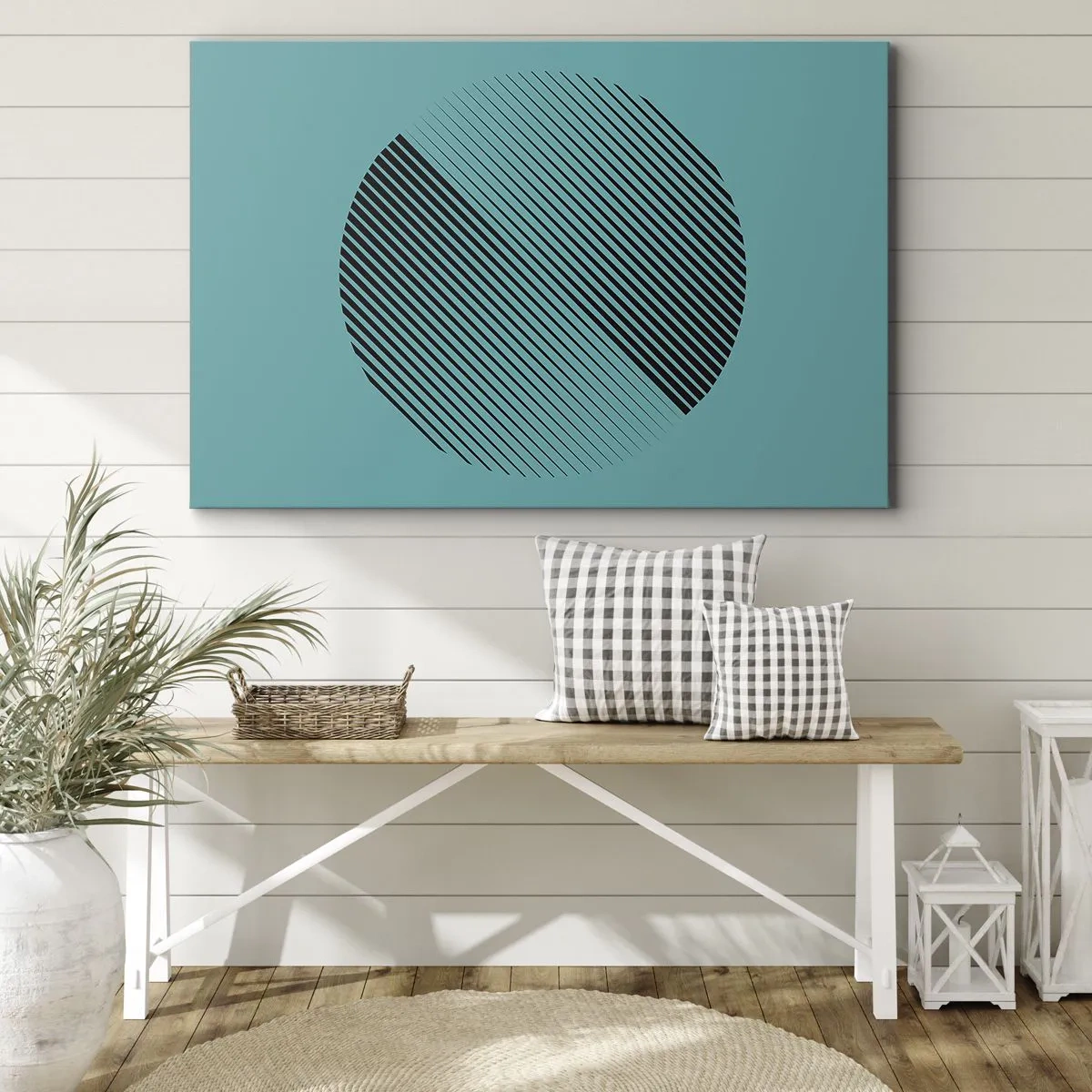 Obraz na plátne - Minimalistický kruh s čiarami na tyrkysovom pozadí. - 70x50cm - Kruh – geometrická variácia - Moderná nástenná dekorácia do obývacej izby a spálne ARTTOR