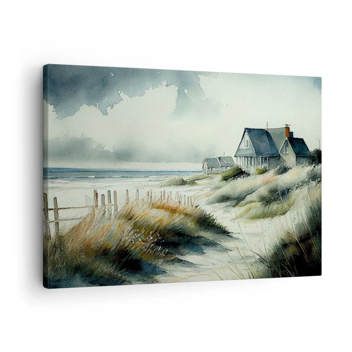 Obraz na plátne - Dom pri mori obklopený trávou s výhľadom na more - 70x50cm - Ďaleko od zhonu - Moderná nástenná dekorácia do obývacej izby a spálne ARTTOR