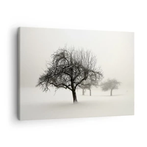 Obraz na plátne - Stromy na zasneženom poli obklopené hmlou - 70x50cm - Zimný sen - Moderná nástenná dekorácia do obývacej izby a spálne ARTTOR
