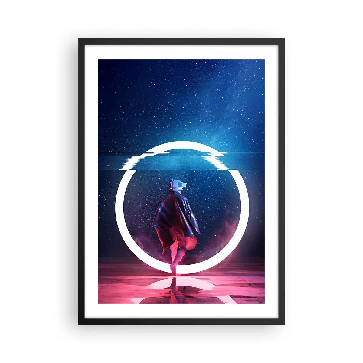 Plagát v čiernom ráme - Postava vo futuristickom oblečení a s VR okuliarmi na pozadí svetelného kruhu - 50x70cm - Medzi svetmi - Moderná nástenná dekorácia do obývacej izby a spálne ARTTOR
