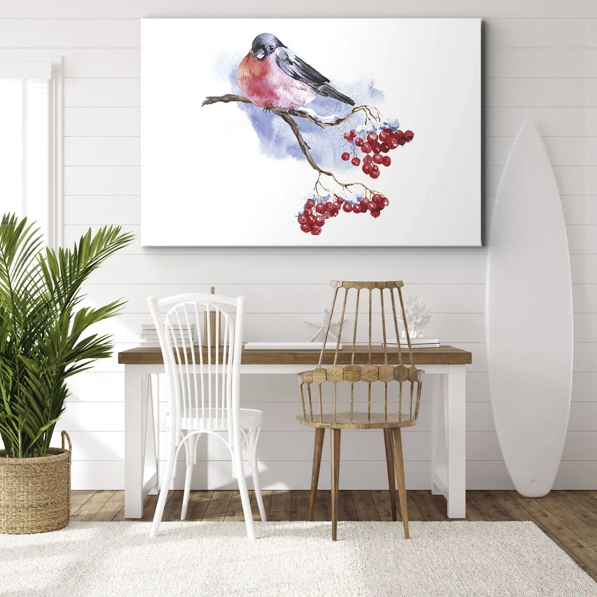 Obraz na plátne - Vták na konári s červeným ovocím na akvarelovom pozadí - 70x50cm - Farebná zima - Moderná nástenná dekorácia do obývacej izby a spálne ARTTOR