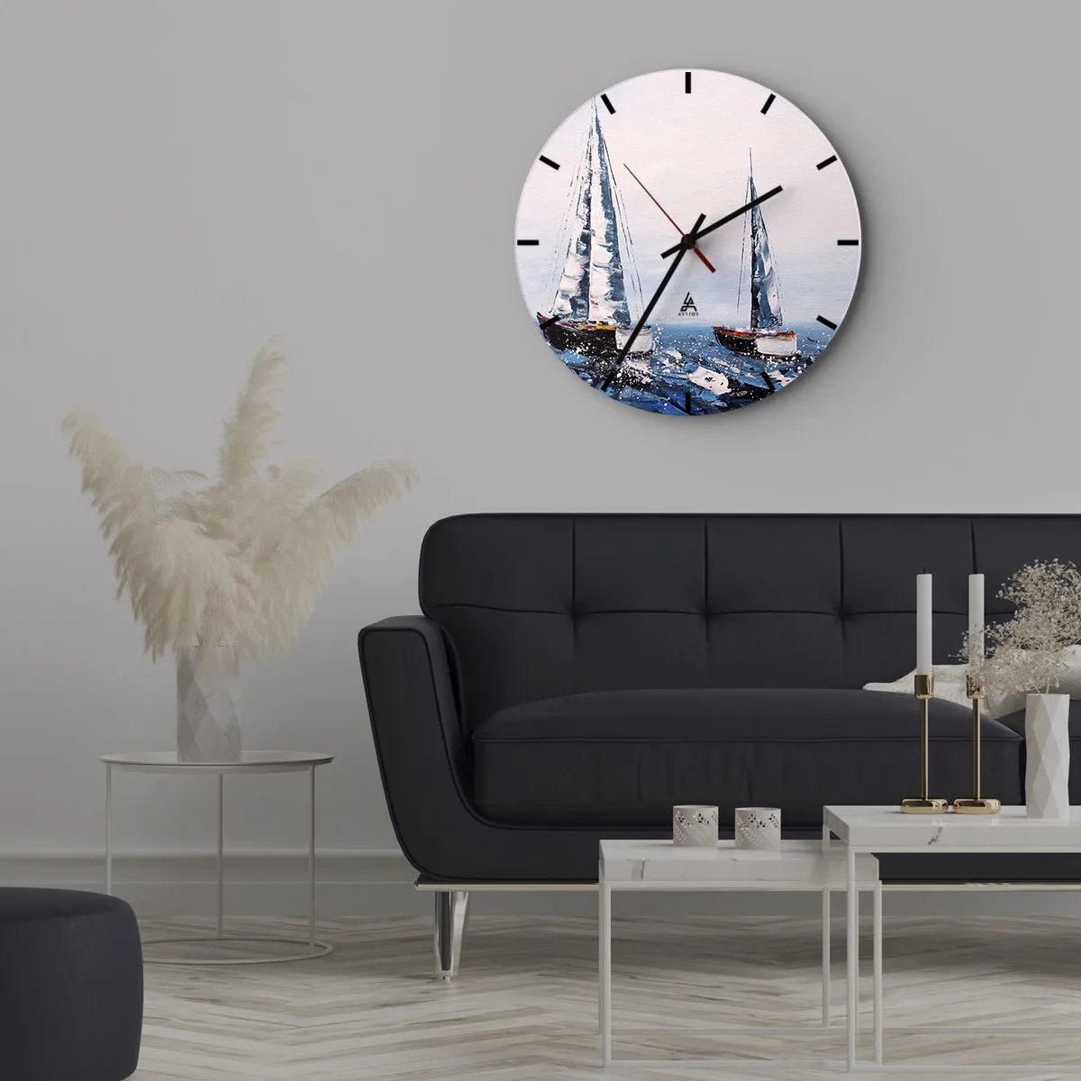 Nástenné hodiny - Dve plachetnice na rozbúrenom mori v maliarskom štýle - 30x30cm - Bratstvo vetra - Moderná nástenná dekorácia do obývacej izby, kuchyne a spálne ARTTOR