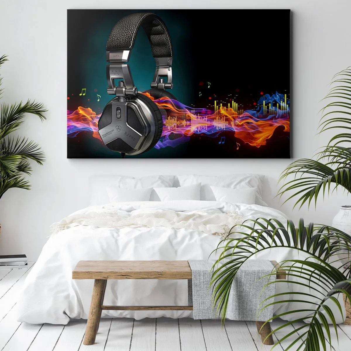 Obraz na plátne - Čierne slúchadlá s farebným efektom vizualizácie hudby - 70x50cm - V ohni hudby - Moderná nástenná dekorácia do obývacej izby a spálne ARTTOR