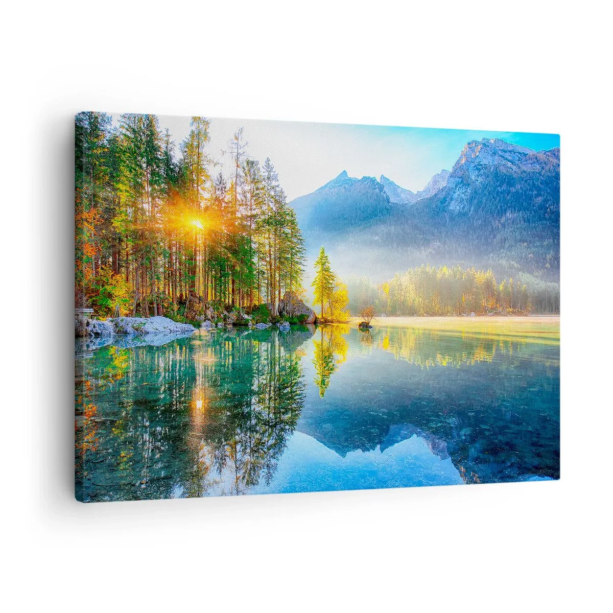 Obraz na plátne - Jazero obklopené horami a lesom v lúčoch slnka - 70x50cm - Majestát a sladkosť - Moderná nástenná dekorácia do obývacej izby a spálne ARTTOR
