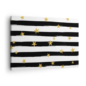 Obraz na plátne - Čiernobiele pruhy so zlatými hviezdami - 70x50cm - Všetci sme sa narodili pod šťastnou hviezdou - Moderná nástenná dekorácia do obývacej izby a spálne ARTTOR