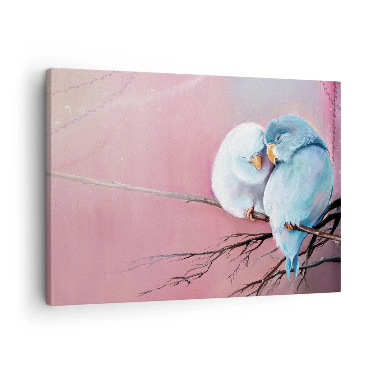 Obraz na plátne - Dva zamilované vtáky na konári na ružovom pozadí - 70x50cm - Čo k tomu dodať? - Moderná nástenná dekorácia do obývacej izby a spálne ARTTOR