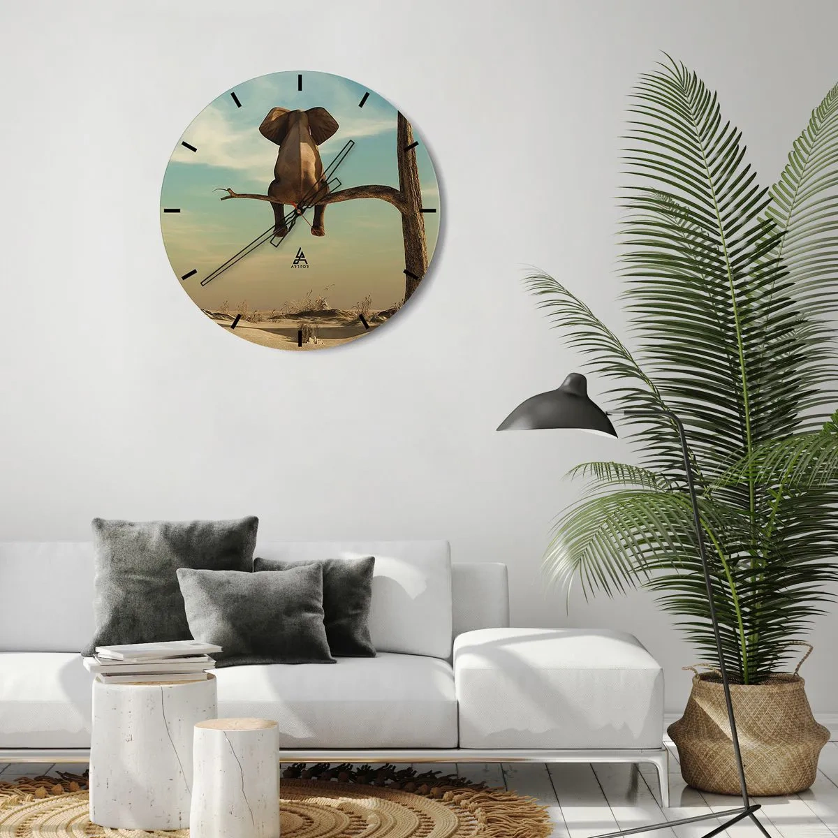 Nástenné hodiny - Slon sediaci na konári osamelého stromu proti oblohe - 30x30cm - Nový uhol pohľadu - Moderná nástenná dekorácia do obývacej izby, kuchyne a spálne ARTTOR