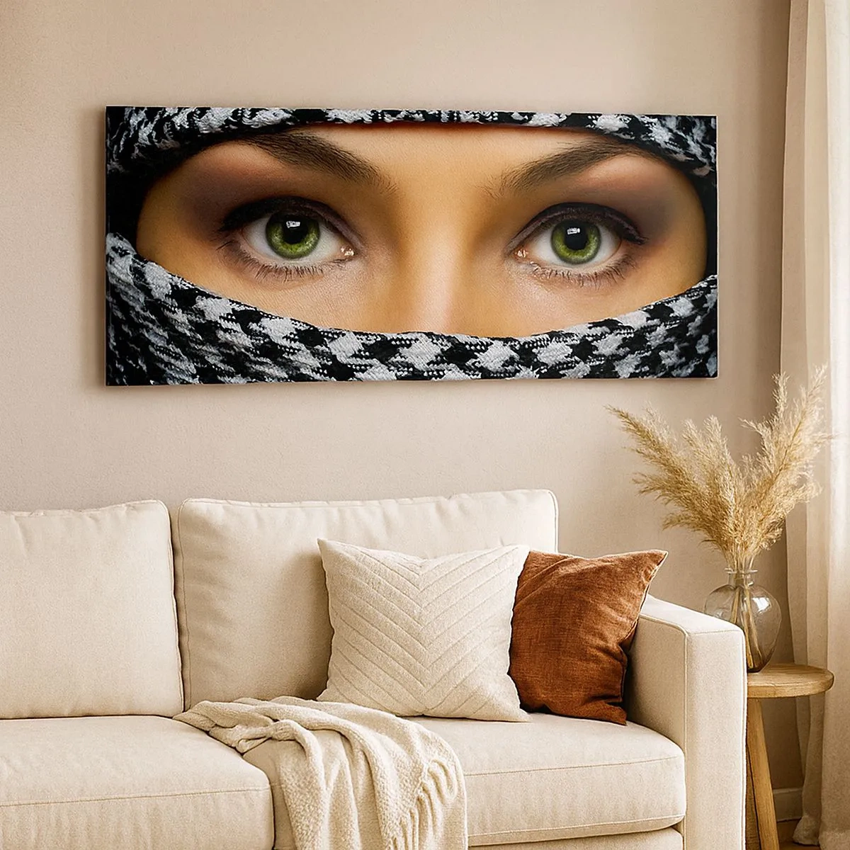 Obraz na plátne - Portrét zahalenej zelenookej krásky - 100x40 cm