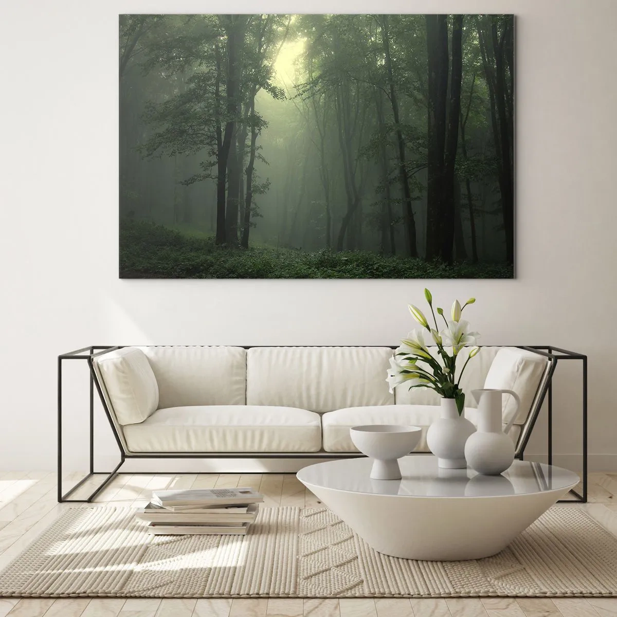 Obraz na skle - Tmavý les zahalený v hmle s lúčmi svetla - 70x50cm - Než sa prebudí - Moderná nástenná dekorácia do obývacej izby a spálne ARTTOR