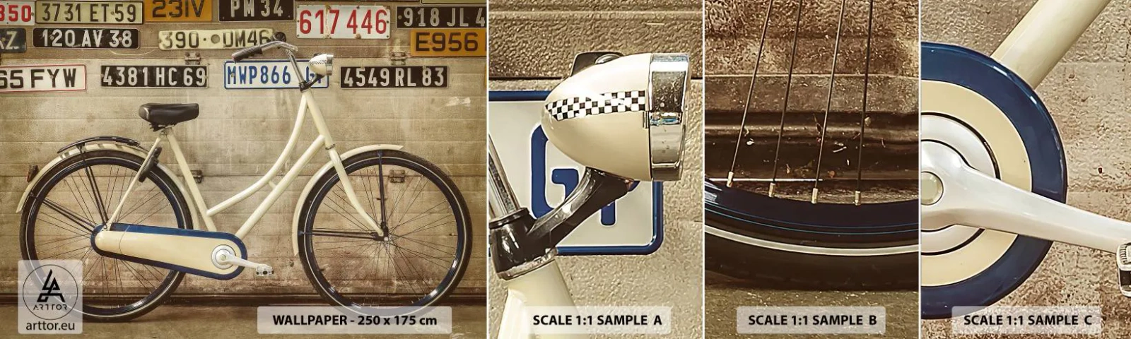 Vzorka samolepiacej fototapety Deluxe Sticker - Žiadne komplexy - Nástenná maľba, Bicykel, Dosky - 100x30 cm