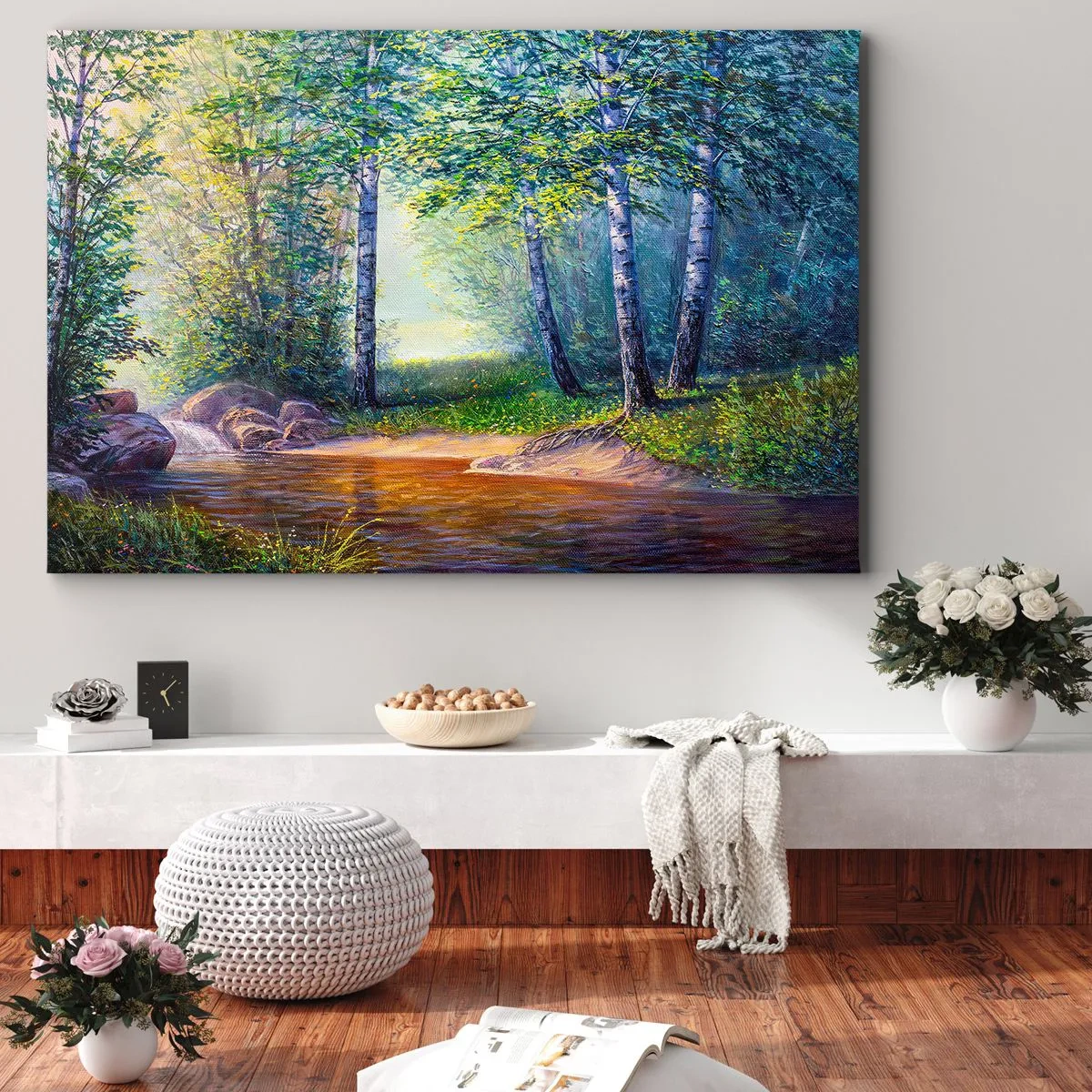 Obraz na plátne - Lesný potok obklopený brezami a slnečným žiarením - 70x50cm - Idylické prostredie - Moderná nástenná dekorácia do obývacej izby a spálne ARTTOR