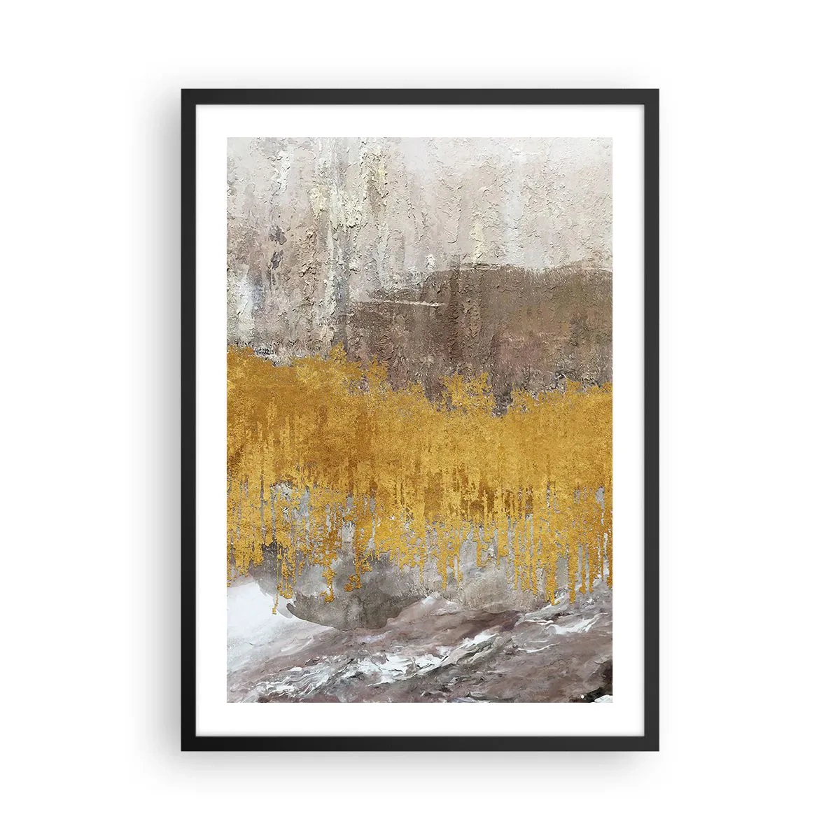 Plagát v čiernom ráme - Abstraktná textúra v zlatej a béžovej farbe s efektom hĺbky - 50x70cm - Zlatistý závan - Moderná nástenná dekorácia do obývacej izby a spálne ARTTOR