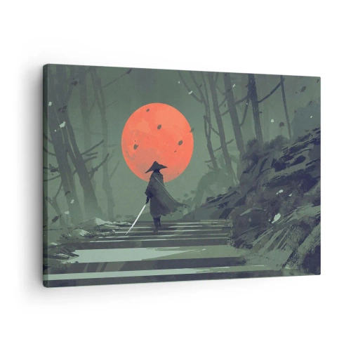 Obraz na plátne - Osamelý bojovník s mečom na pozadí červeného mesiaca v tmavom lese. - 70x50cm - Bojovník červeného mesiaca - Moderná nástenná dekorácia do obývacej izby a spálne ARTTOR