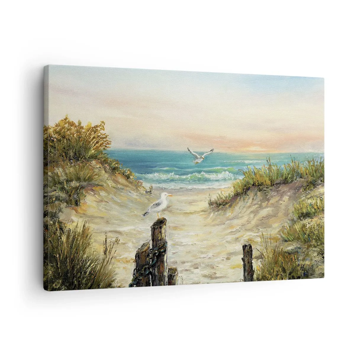 Obraz na plátne - Pobrežie s čajkami a dunami pri západe slnka - 70x50cm - Bezvetrie a samota - Moderná nástenná dekorácia do obývacej izby a spálne ARTTOR