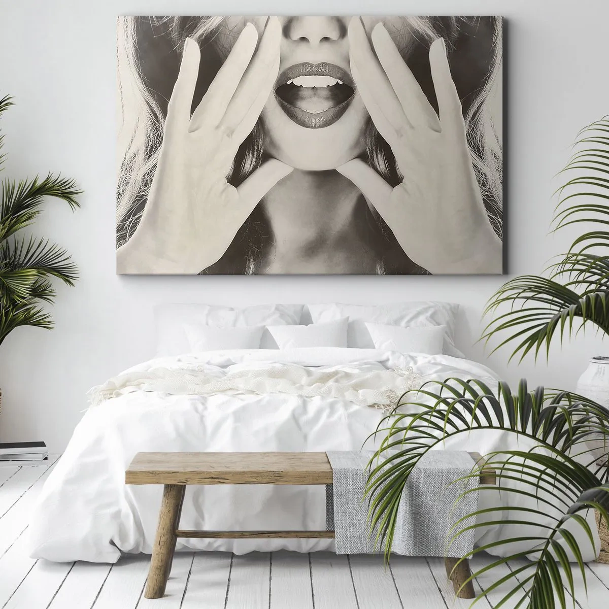 Obraz na plátne - Čiernobiely portrét ženy s výraznými perami a rukami - 70x50cm - Už idem! - Moderná nástenná dekorácia do obývacej izby a spálne ARTTOR
