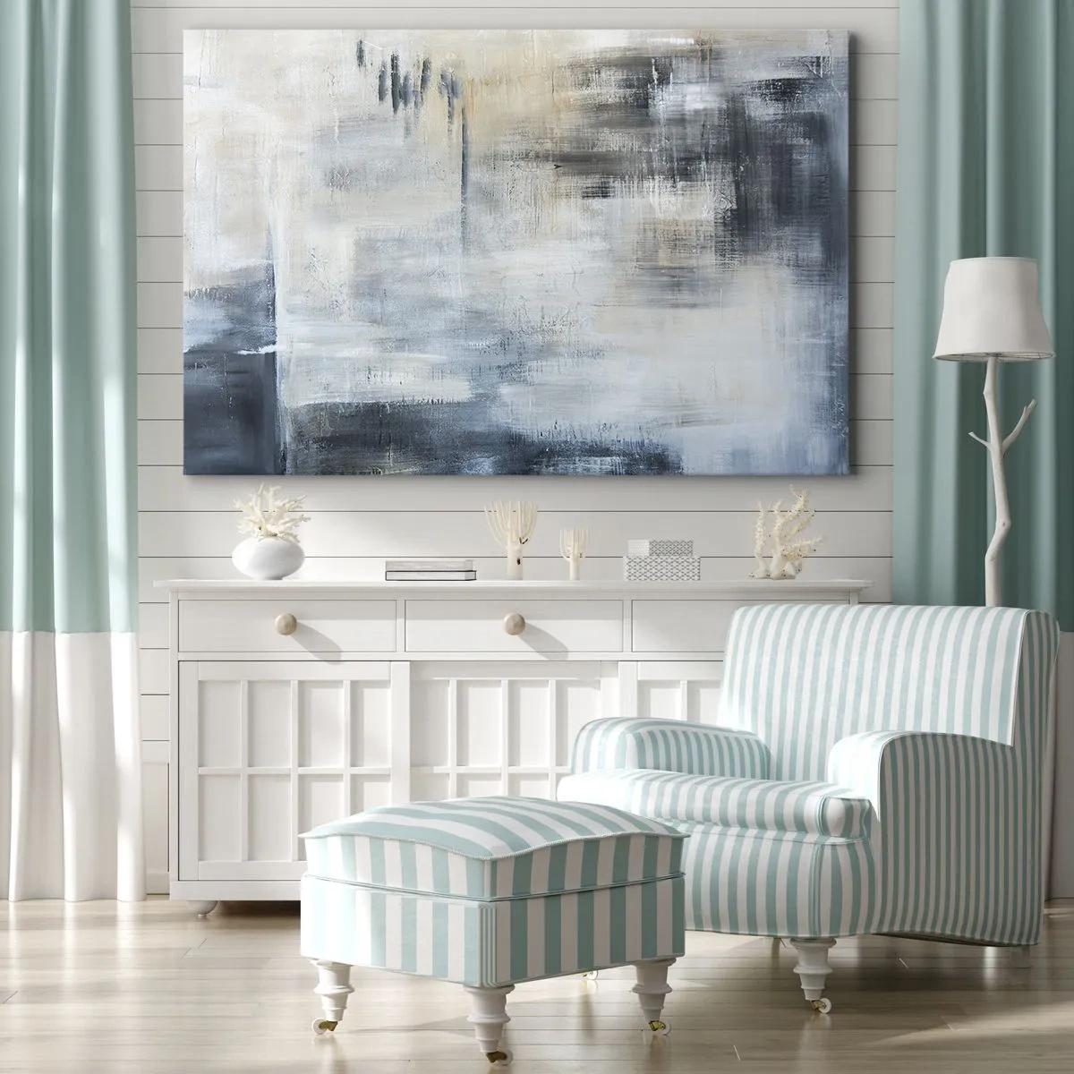 Obraz na plátne - Abstraktná kompozícia v odtieňoch modrej a sivej - 70x50cm - Za závojom modrej - Moderná nástenná dekorácia do obývacej izby a spálne ARTTOR