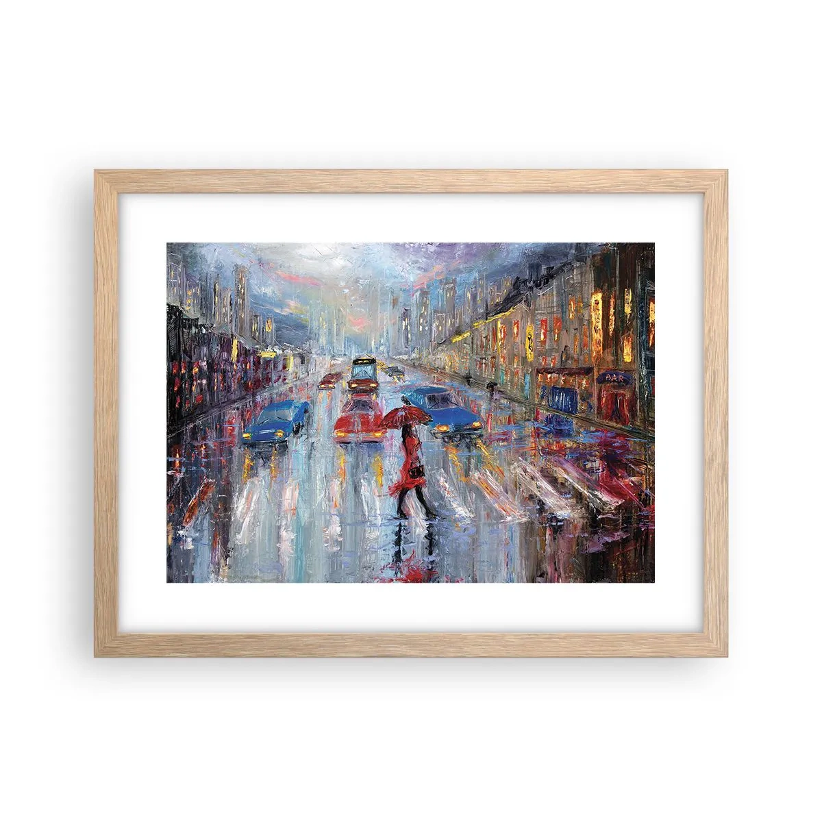 Plagát v ráme zo svetlého duba - Daždivé popoludnie v meste - 40x30 cm