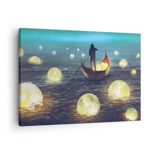 Obraz na plátne - Postava v člne obklopená svietiacimi guľami na vode - 70x50cm - Veci, o ktorých sa filozofom nezdá - Moderná nástenná dekorácia do obývacej izby a spálne ARTTOR