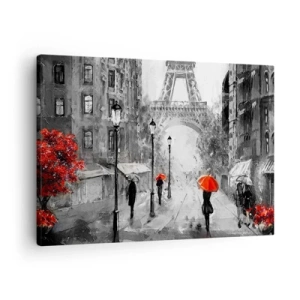 Obraz na plátne - Ulica s výhľadom na Eiffelovu vežu a červené dáždniky - 70x50cm - Všetky cesty vedú k nej - Moderná nástenná dekorácia do obývacej izby a spálne ARTTOR