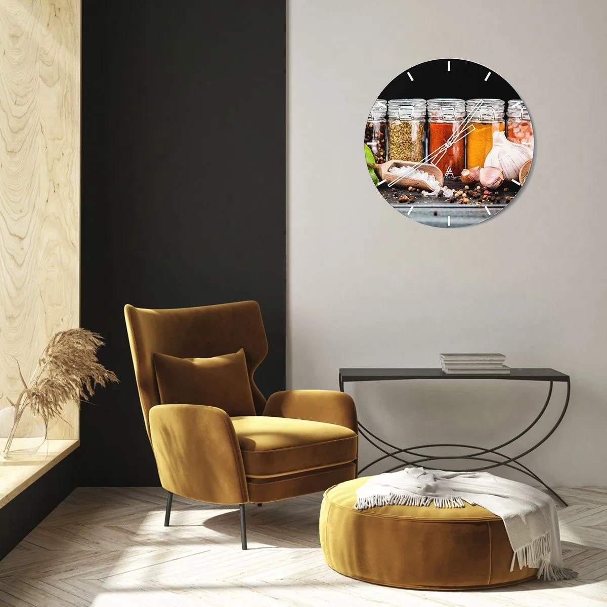 Nástenné hodiny - Farebné korenie v pohároch a kuchynské doplnky - 30x30cm - Aby mal život chuť - Moderná nástenná dekorácia do obývacej izby, kuchyne a spálne ARTTOR