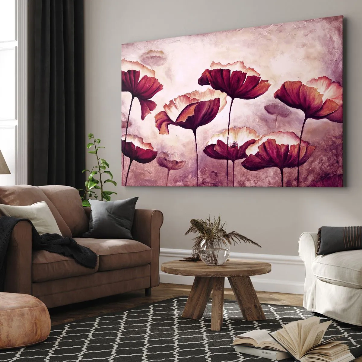 Obraz na plátne - Kvety v odtieňoch červenej a bielej na jemnom pozadí - 70x50cm - Červený a biely plátok - Moderná nástenná dekorácia do obývacej izby a spálne ARTTOR