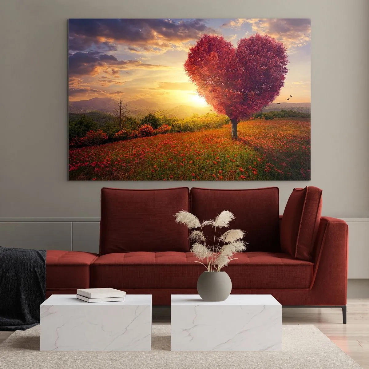 Obraz na skle - Strom v tvare srdca na poli pri západe slnka - 70x50cm - Je to dojemné - Moderná nástenná dekorácia do obývacej izby a spálne ARTTOR