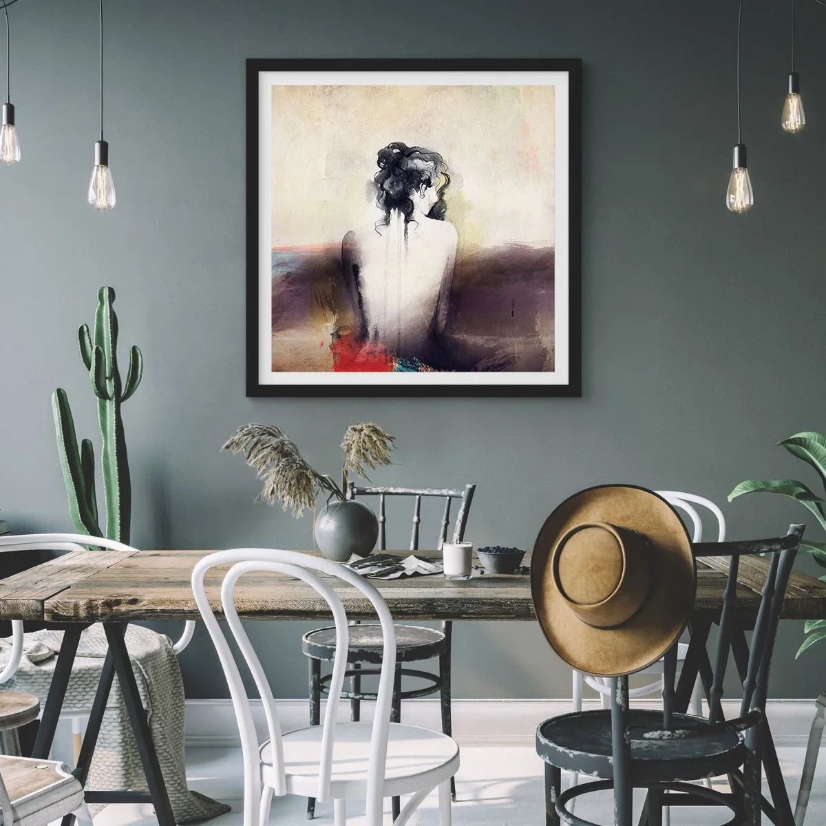 Plagát v čiernom ráme - Jemné línie, oválne tvary - 60x60 cm