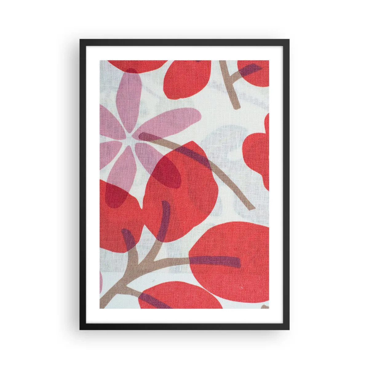 Plagát v čiernom ráme - Botanické zloženie listov a kvetov v červenej farbe - 50x70cm - Kvetinová kompozícia v ružovej - Moderná nástenná dekorácia do obývacej izby a spálne ARTTOR