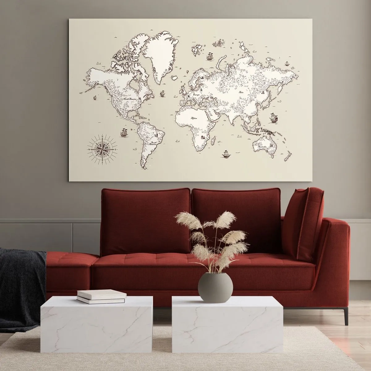 Obraz na skle - Štylizovaná mapa sveta v klasickej verzii - 70x50cm - Cesta okolo sveta - Moderná nástenná dekorácia do obývacej izby a spálne ARTTOR