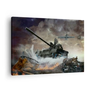 Obraz na plátne - Bojová scéna s tankami a lietadlami v pozadí - 70x50cm - Bitka je hrozná a krásna - Moderná nástenná dekorácia do obývacej izby a spálne ARTTOR