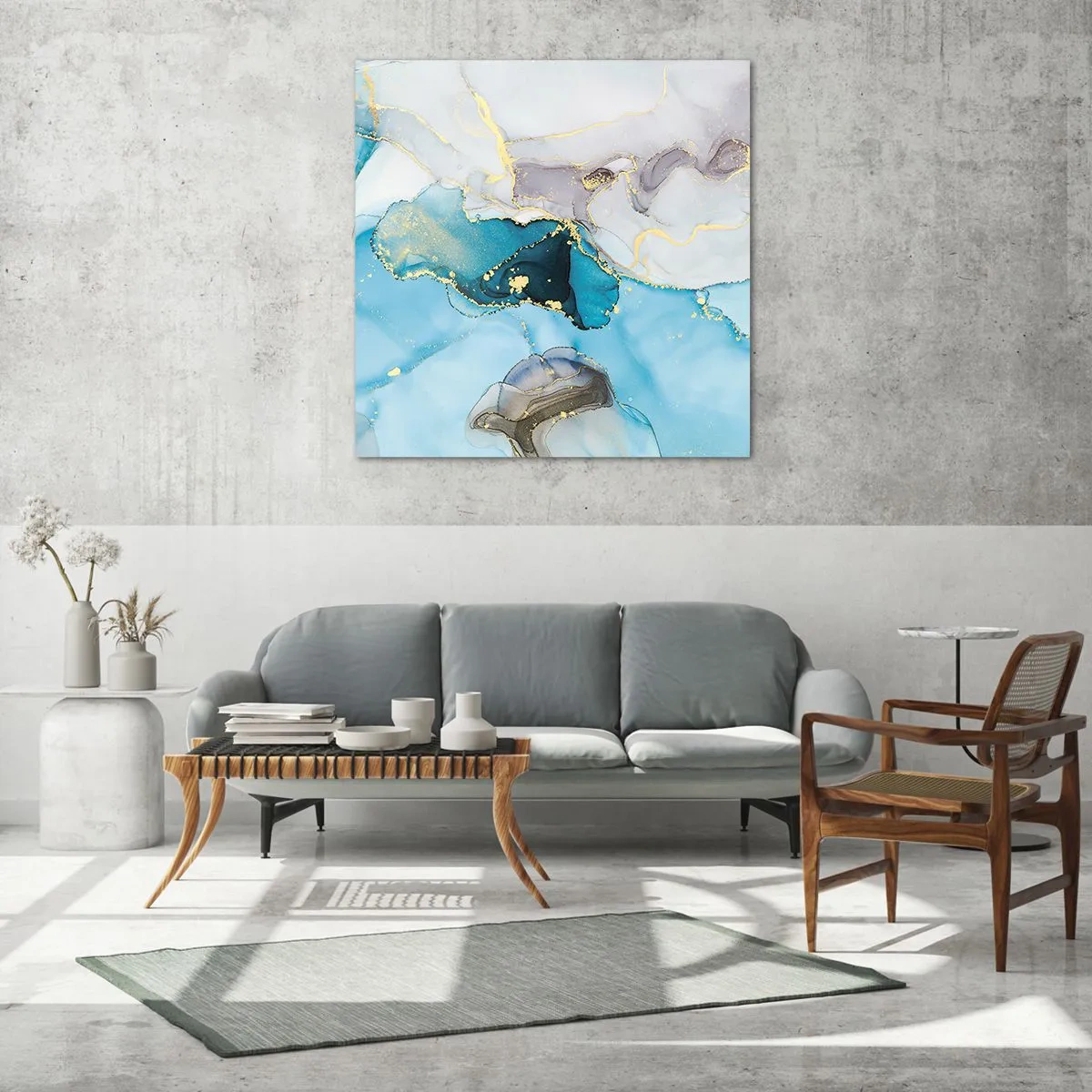 Obraz na skle - Štúdia o stretnutí šedej a tyrkysovej - 70x70 cm