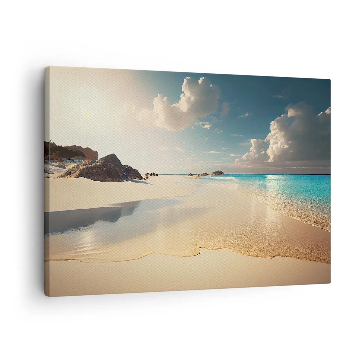 Obraz na plátne - Slnečná pláž s modrým morom a skalami - 70x50cm - Vysnený deň - Moderná nástenná dekorácia do obývacej izby a spálne ARTTOR
