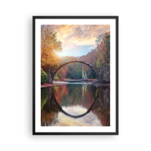 Plagát v čiernom ráme - Kamenný most cez jazero v jesennej scenérii - 50x70cm - Za zrkadlom - Moderná nástenná dekorácia do obývacej izby a spálne ARTTOR