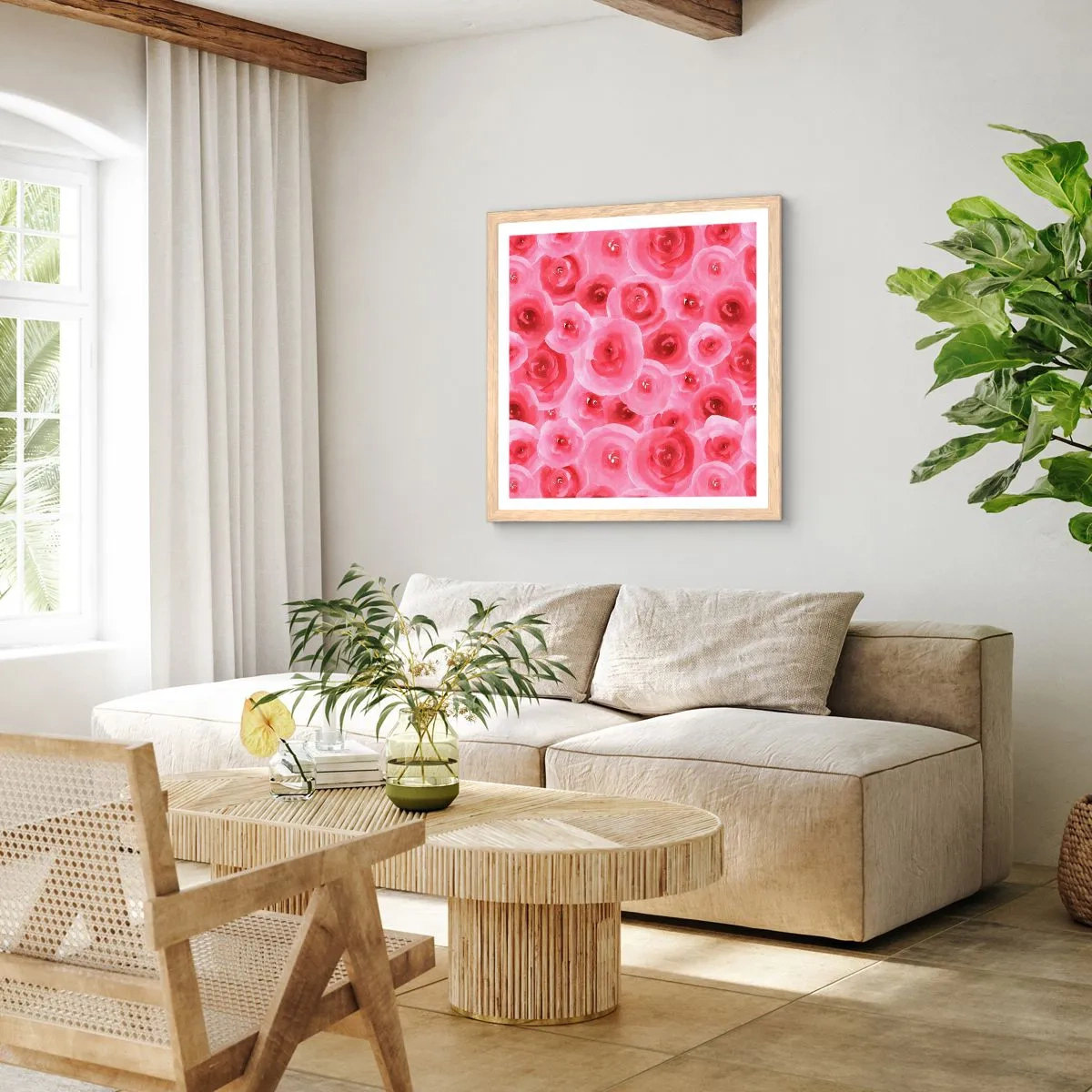 Plagát v ráme zo svetlého duba - Ruže dole aj hore - 60x60 cm