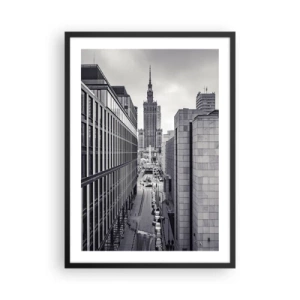 Plagát v čiernom ráme - Pohľad na Palác kultúry a vedy vo Varšave v odtieňoch sivej - 50x70cm - Varšavské údolie - Moderná nástenná dekorácia do obývacej izby a spálne ARTTOR